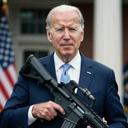 ultra realistic photo of joe biden holding an ar - 1 5, film, perfect face, in the style of a candid photo