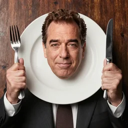 jerry seinfeld holding a fork and knife with kramer's head on a plate. realistic photo