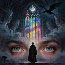 by andrey surnov, from the reflection of the eyes, the moon is dark and the wind is high. the gothic church window behind the priest emits strange colors. there are strange translucent faces on the clouds, and a black flying dragon hovers above the building. matte painting, film lens, magnificent scene, full atmosphere, concept art