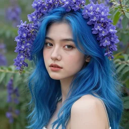 photograph of a young woman with blue hair lush flowering indigofera, rough skin pores texture, cute and gorgeous, a masterpiece hyperrealistic, ultra detailed fullbody, photoreal image, actual person, extremely detailed, trending on artstation, sharp focus, 4 k.