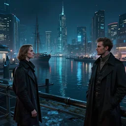 a cyberpunk futuristi and cinematic harbour at night by greg ruthkowski and craig mullins and caspar david friedrich