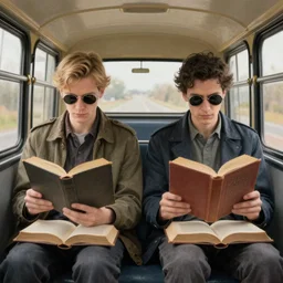 “an idyllic painting of two men sitting on a bus, both reading heavy old books, one is blond, the other dark haired. Wearing monocles!!. In the style of neo rauch. Symmetric”