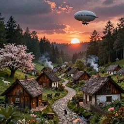 a village lost in the middle of the forest, wooden roof, stone road, small stream that crosses the village, strangely animal inhabitants, smoke from the chimney, tearful sunset, beautiful tree in bloom, zepplin in the sky by woodroffe patrick