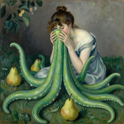 vintage beautiful painting of a woman hiding from a pear infestation green tentacles in Mary Cassatt style