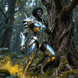 hyperrealistic maximalist super expressive! black woman with exoskeleton armor, merging with tree in a forest, highly detailed digital art masterpiece smooth cam de leon hannah yata dramatic pearlescent blue yellow light ground angle hd 8k sharp focus