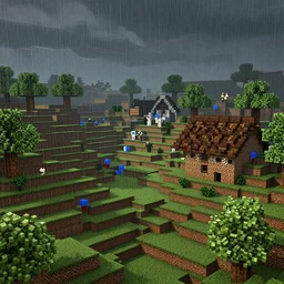 Minecraft village after the rain in reality , high details, cinematic, 8k resolution, beautiful detailed, intricate details, octane render, unreal engine.