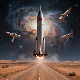 cinematic silk road lanscape, rocket ship, space station, nebula clouds, science fiction scene, epic lighting, cinematic compositon, hyperrealistic