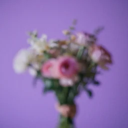 vintage grainy photograph, lavender background, blurry floral bouquet, flowers in motion, artistic, mysterious
