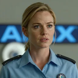 close-up of Anna Gunn as a detective in a movie directed by Christopher Nolan, movie still frame, promotional image, imax 70 mm footage