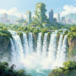 A beautiful illustration of a futuristic city of gardens built on a world of massive cascading waterfalls by Robert McCall, Syd Meas and Ralph McQuarrie | Graphic Novel, Visual Novel, Colored Pencil, Comic Book:.6 | unreal engine:.3 | | viewed from above | establishing shot:.7
