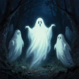 ghosts. will o the wisp. ghouls at midnight in the forest. at night. night sky. thomas kinkade. digital painting. marc simonetti. dancing ghost ghoul. michael whelan. mysterious glow. greg rutkowski. scary. creepy. artstation.