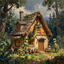concept art painting of a cozy cottage inhabited by a dinosaur, by james gurney and greg rutkowski