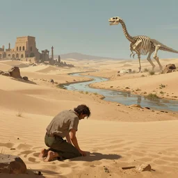 the lifeless land of endless sorrow stretching over the vast distance of an eternal desert, suffering man kneeling in horror on sand, ruins of ancient cities in the background, dried up river, bones of giant dinosaurs, artstation, cgsociety, 8 k, cinematic, unreal engine, octane render, illustration digital painting, art by wlop and greg rutkowski, rule of thirds