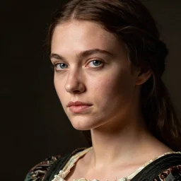 close - up portrait of beautiful model in renaissance dress, art by steve mccurry