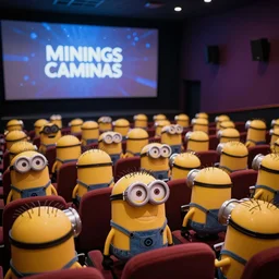 a burning cinema hall full of minions in suits