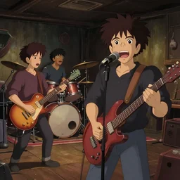 animation key shot, metal band practicing their guitar, drums and singing in a humble basement, metal concert, music playing live, close up shot, studio Ghibli, Pixar and Disney animation, sharp, Rendered Unreal Engine 5, film key art, Greg Rutkowski, Bloom, dramatic lighting