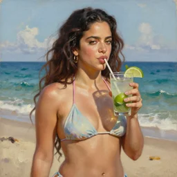 an oil painting of rosalia the spanish singer in a bikini on a beach sipping a mojito
