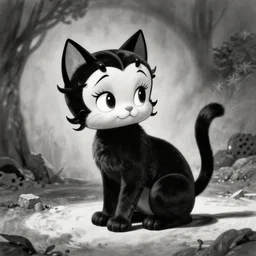 black cat, betty boop cartoon style, funny, black and white, vintage
