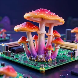 psilocybin mushrooms growing on the surface of a high - digitalized motherboard, octane render, unreal engine 5, bright psychedelic colors