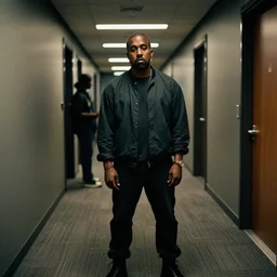 kanye west in a long dimly lit office hallway, 4 k