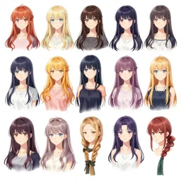 sheet of different female anime!!!!!!!!!!!!!!! hairstyles, artstation, official art, full body, concept art
