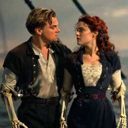 leonardo dicaprio and kate winslet in the movie titanic as skeletons, standing on the bow of an abandoned rusty cargo ship in a desert, wide shot, zoomed out, extremely detailed line art and watercolor by kim jung gi and greg rutkowski