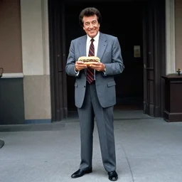 Paul Sorvino smiling dressed in a gray suit and necktie holding a submarine sandwich, 35mm film still from 1989, full body shot