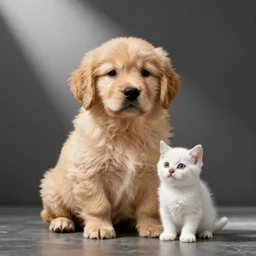 A tiny golden retriever puppy and a very tiny white kitten, artstation