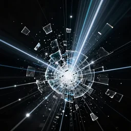 glass shattering in mid air, pieces of glass flying thru the air, slow motion, 4k, extremely detailed, dark background, beam of light, lasers,
