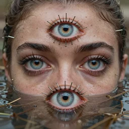 three eyed, hairy, third eye in middle of forehead, wide shot, dry, in water, colors, eye in forehead, pins, very detailed, wet eyes reflecting into eyes reflecting into  infinity, beautiful lighting