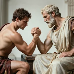 Caesar arm wrestles with Socrates