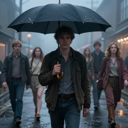 a cinematic extreme close - up of ( ( ( a man holding umbrella walking in the street ) ) ), disney, misty evening, fantasy art, highly detailed matte painting, telephoto lens 2 0 0 mm, by stanley artgerm lau, greg rutkowski, thomas kinkade, alphonse mucha, loish, norman rockwell, artstation