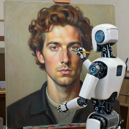 robot artist painting a self - portrait on a canvas. intricate, highly detailed, digital matte painting, in the style of alexandros pyromallis, and in the style of sachin teng, and in the style of hans thoma, and in the style of mort kunstler. irony, recursion, inspiration.