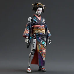 full body photo of an punk geisha robot with kanji tattoos and decals wearing a digital pixelated kimono, intricate design, photo - realistic, octane render, dark colour palette, ultra fine detailed, character design, trending on artstation