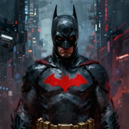 cyberpunk batman with red logo, moody, futuristic, city background, brush strokes, oil painting, greg rutkowski