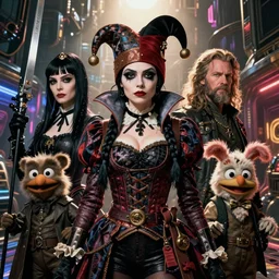 detailed ultrarealistic photography medium shot of fantasy pirate jester queen addams family and furry muppet puppet cyberpunk postapocalyptic leyendecker, symmetric norman rockwell, ian miller, artstation cinematic, vray game of thrones, lord of the rings, star wars