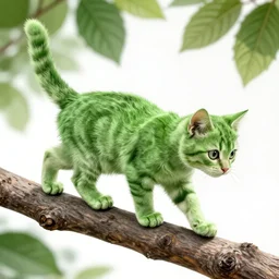 green kitten walking on tree branch, leaf background, intricate, highly detailed, artstation, sharp focus, illustration, jurgens, rutkowski, simonetti