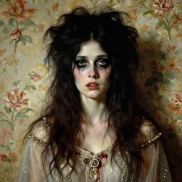 a beautiful and eerie baroque painting of a beautiful but sinister woman in layers of fear, with haunted eyes and dark hair piled on her head, 1 9 7 0 s, seventies, floral wallpaper, wilted flowers, a little blood, morning light showing injuries, delicate embellishments, painterly, offset printing technique, by robert henri, walter popp, alan lee