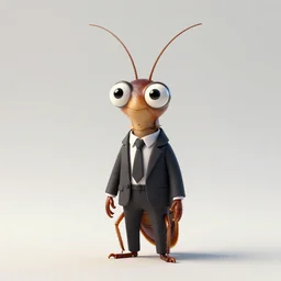 full body shot of a thin anthropomorphic cockroach with big eyes wearing a suit with a tie, with long thin antennae, trending on artstation, trending on deviantart ,backlighting, 8k, hyper detail illustration, symmetrical, correct proportions, 3d render, by tim schafer, vibrant colors, by tim burton, by pixar