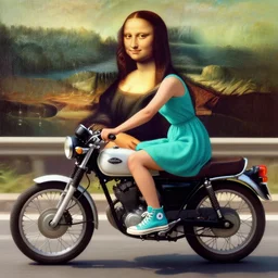 a young woman wearing a turquoise dress and high top sneakers riding a motorcycle!, looks like mona lisa, a beautiful lake in the background!, extremely detailed, long shadows, a painting by leonardo da vinci