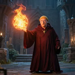 jesse pinkman dressed as a grand archmage, casting a fireball, inside a castle, hyperrealistic