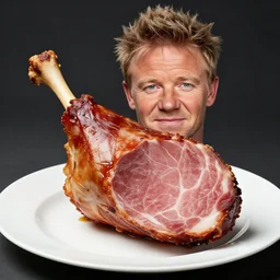 gordon ramsay's face on a cooked leg of ham on a plate