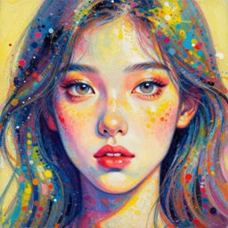 beautiful face of girl in style spotty pointism without nose, super bright colors, colored spots, mixed liquid acrylic, painting come to life, artstation, ultradetail