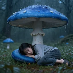 A girl sleeping under a giant blue toadstool, raining, somber, high detail,