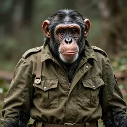A chimpanzee in a vintage military jacket, he has a very good haircut