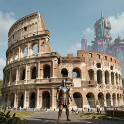 futuristic colosseum in rome, steampunk neon city in the background, armored gladiator in front of it, futuristic, matte painting, high detail, dreamy, natural light, asymmetric composition, variation in composition, artstation, by hayao miyazaki