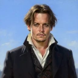 elegant mysterious solemn desperate male johnny depp as victor van dort from the movie the corpse bride, portrait, illustration, rim light, top light, outdoors, summer clear blue sky, perfectly shaded, soft painting, epic, intricate, art by krenz cushart and wenjun lin