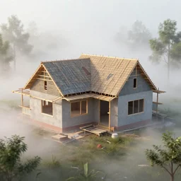 a home under construction half engulfed in fog 3 d render