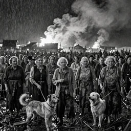 movie still of a crowd of elder women and dogs in a swamp by night with a heavy burning town backround, heavy smoke, cinestill 8 0 0 t 3 5 mm b & w, heavy grain, high quality, heavy rain