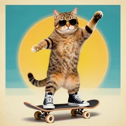 a cat standing on its back legs, wearing high top sneakers and sunglasses, riding a skateboard, retro poster